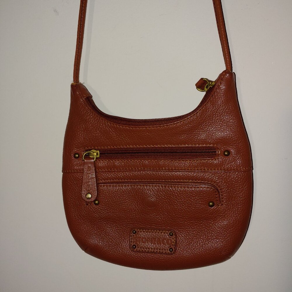 Stone & Co Genuine Pebbled Leather Mini Crossbody Purse Cognac Brown OS